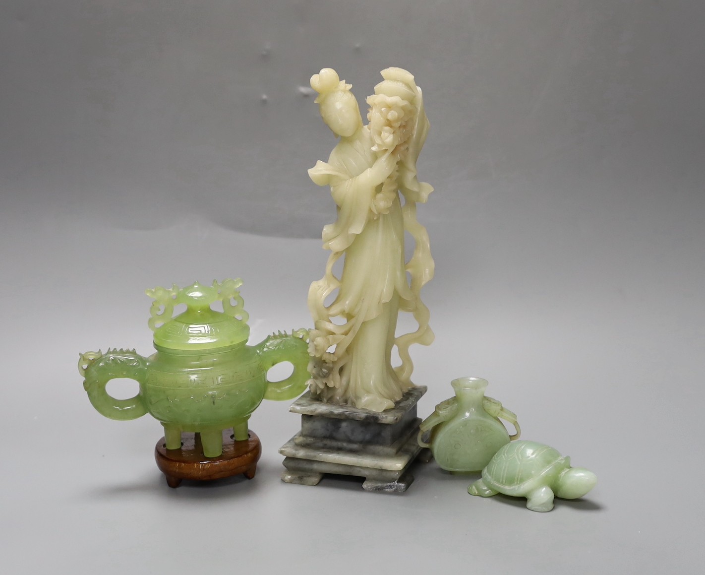 A soapstone figure, a nephrite censer and two hardstone carvings tallest 25cm